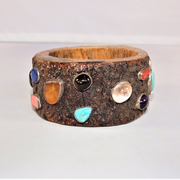 X-Wide Vintage Wooden “Bark” Bangle with Silver Inset Semi-Precious Stones (2) - Picture 3 of 5